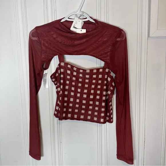 Free People Two Piece Burgundy Checkered Mesh Crop Top Medium NWT - Picture 4 of 4